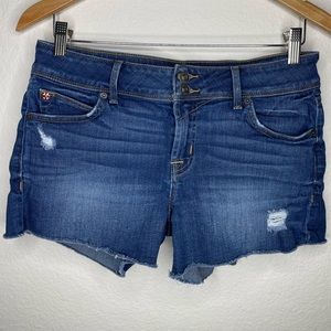 Hudson Women’s Croxley Mid Thigh Denim Jean Shorts Distressed Raw Hem Size 27